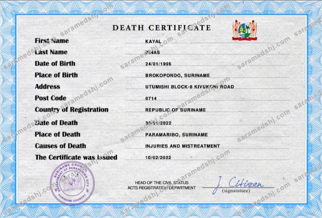 Suriname vital record death certificate PSD template